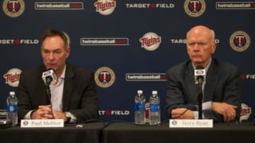 Nov 4, 2014; Minneapolis, MN, USA; Minnesota Twins manager Paul Molitor and general manager Terry Ryan addresses the media at Target Field. Mandatory Credit: Brad Rempel-USA TODAY Sports