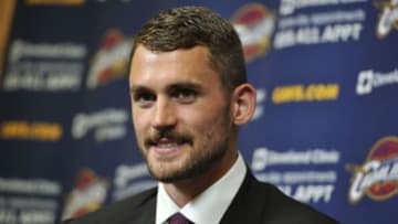 Aug 26, 2014; Independence, OH, USA; Cleveland Cavaliers player Kevin Love talks to the media at Cleveland Clinic Courts. Mandatory Credit: David Richard-USA TODAY Sports