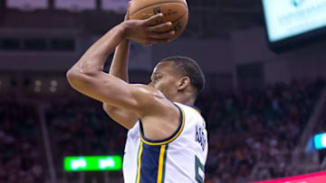 Mar 28, 2016; Salt Lake City, UT, USA; Utah Jazz guard Rodney Hood (5) shoots the ball during the first half against the Los Angeles Lakers at Vivint Smart Home Arena. Mandatory Credit: Russ Isabella-USA TODAY Sports