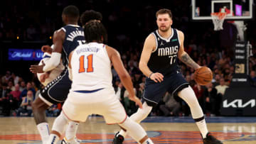 Dec 3, 2022; New York, New York, USA; Dallas Mavericks guard Luka Doncic (77) controls the ball against New York Knicks guard Jalen Brunson (11) during the second quarter at Madison Square Garden. Mandatory Credit: Brad Penner-USA TODAY Sports