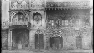 The facades of Le Ciel and L'Enfer Cabarets in Montmartre, Paris