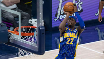 May 15, 2021; Indianapolis, Indiana, USA; Indiana Pacers guard Caris LeVert (22) shoots the ball in the second quarter against the Los Angeles Lakers at Bankers Life Fieldhouse. Mandatory Credit: Trevor Ruszkowski-USA TODAY Sports