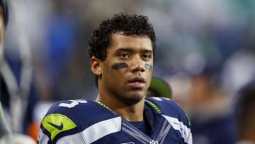 Nov 20, 2016; Seattle, WA, USA; Seattle Seahawks quarterback Russell Wilson (3) watches the scoreboard display during the fourth quarter against the Philadelphia Eagles at CenturyLink Field. Seattle defeated Philadelphia, 26-15. Mandatory Credit: Joe Nicholson-USA TODAY Sports