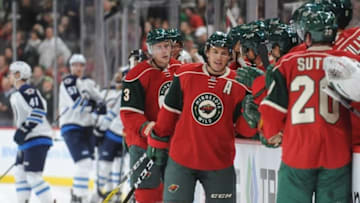 Oct 8, 2016; Saint Paul, MN, USA; Minnesota Wild forward Zach Parise (11) celebrates after scoring a goal during the first period against the Winnipeg Jets at Xcel Energy Center. Mandatory Credit: Marilyn Indahl-USA TODAY Sports