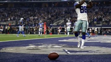 Dec 26, 2016; Arlington, TX, USA; Dallas Cowboys wide receiver Dez Bryant (88) reacts after catching a touchdown pass against the Detroit Lions during the second half at AT&T Stadium. Mandatory Credit: Kevin Jairaj-USA TODAY Sports
