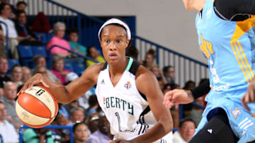 NEWARK, DE -MAY 22: Chelsea Hopkins #1 of the New York Liberty handles the ball against the Chicago Sky at the Bob Carpenter Center in Newark, DE on May 22, 2015. NOTE TO USER: User expressly acknowledges and agrees that, by downloading and/or using this Photograph, user is consenting to the terms and conditions of the Getty Images License Agreement. Mandatory Copyright Notice: Copyright 2015 NBAE (Photo by Ned Dishman/NBAE via Getty Images)