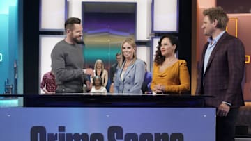 CRIME SCENE KITCHEN: L-R: Joel McHale, guest judge Cheryl Hines, Yolanda Gampp and Curtis Stone in the ÒJust DessertsÓ episode of CRIME SCENE KITCHEN airing Wednesday, June 9 (9:00-10:00 PM ET/PT) on FOX. © 2021 FOX MEDIA LLC. CR: Michael Becker/FOX.