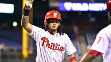 Sep 12, 2016; Philadelphia, PA, USA; Philadelphia Phillies shortstop Freddy Galvis (13) celebrates his solo home run during the second inning against the Pittsburgh Pirates at Citizens Bank Park. Mandatory Credit: Eric Hartline-USA TODAY Sports