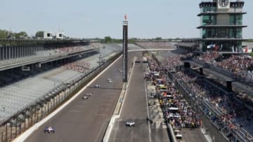 May 23, 2014; Indianapolis, IN, USA; IndyCar Series drivers drive down the front straightaway during carb day for the 2014 Indianapolis 500 at Indianapolis Motor Speedway. Mandatory Credit: Brian Spurlock-USA TODAY Sports