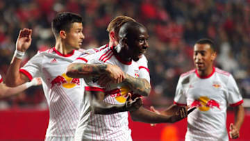 TIJUANA, MEXICO - MARCH 06: Bradley Wright-Phillips of New York Red Bulls celebrates with teammates after scoring the second goal of his team during the quarter finals first leg match between Tijuana and New York RB at Caliente Stadium on March 06, 2018 in Tijuana, Mexico. (Photo by Eduardo Teran/Jam Media/Getty Images)
