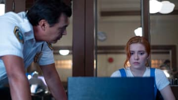 Nancy Drew -- "Pilot" -- Image Number: NCD101e_0067b.jpg -- Pictured (L-R): Adam Beach as Chief McGinnis and Kennedy McMann as Nancy Drew -- Photo: Robert Falconer/The CW -- © 2019 The CW Network, LLC. All Rights Reserved.