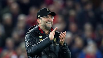 LIVERPOOL, ENGLAND - DECEMBER 02: Jurgen Klopp, Manager of Liverpool celebrates after the Premier League match between Liverpool FC and Everton FC at Anfield on December 2, 2018 in Liverpool, United Kingdom. (Photo by Clive Brunskill/Getty Images)
