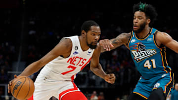 Brooklyn Nets forward Kevin Durant (7) dribbles defended by Detroit Pistons forward Saddiq Bey Credit: Rick Osentoski-USA TODAY Sports