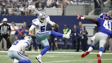 Sep 11, 2016; Arlington, TX, USA; Dallas Cowboys kicker Dan Bailey (5) kicks a field goal in the second quarter against the New York Giants at AT&T Stadium. Mandatory Credit: Tim Heitman-USA TODAY Sports