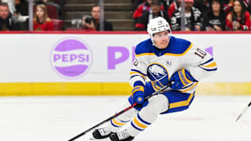 CHICAGO, ILLINOIS - NOVEMBER 19: Henri Jokiharju #10 of the Buffalo Sabres skates against the Chicago Blackhawks on November 19, 2023 at United Center in Chicago, Illinois. (Photo by Jamie Sabau/Getty Images)