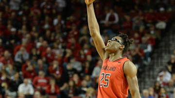 LINCOLN, NE - FEBRUARY 6: Jalen Smith #25 of the Maryland Terrapins celebrates a three point basket against the Nebraska Cornhuskers at Pinnacle Bank Arena on February 6, 2019 in Lincoln, Nebraska. (Photo by Steven Branscombe/Getty Images)