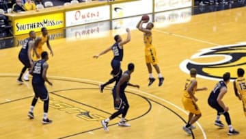 Feb 12, 2015; Hattiesburg, MS, USA; The Southern Miss Golden Eagles played with four players during overtime against the Florida International Golden Panthers at Reed Green Coliseum. Three of their seven dressed players fouled out in the game. Florida International won, 73-71 in overtime. Mandatory Credit: Chuck Cook-USA TODAY Sports