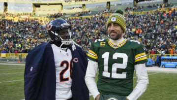 GREEN BAY, WISCONSIN - DECEMBER 15: Aaron Rodgers #12 of the Green Bay Packers discusses with Prince Amukamara #20 of the Chicago Bears after the game at Lambeau Field on December 15, 2019 in Green Bay, Wisconsin. (Photo by Quinn Harris/Getty Images)