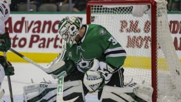 DALLAS, TX - MARCH 31: Dallas Stars goaltender Kari Lehtonen (32) makes the save against during the game between the Dallas Stars and the Minnesota Wild on March 31, 2018 at the American Airlines Center in Dallas, Texas. Dallas defeats Minnesota 4-1. (Photo by Matthew Pearce/Icon Sportswire via Getty Images)