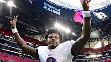 ATLANTA, GA - DECEMBER 2: Lamar Jackson #8 of the Baltimore Ravens celebrates after the game against the Atlanta Falcons at Mercedes-Benz Stadium on December 2, 2018 in Atlanta, Georgia. (Photo by Scott Cunningham/Getty Images)