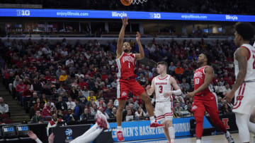 Mar 8, 2023; Chicago, IL, USA; Ohio State Buckeyes guard Roddy Gayle Jr. (1) shoots over Wisconsin Badgers guard Max Klesmit (11) during the second half at United Center. Mandatory Credit: David Banks-USA TODAY Sports