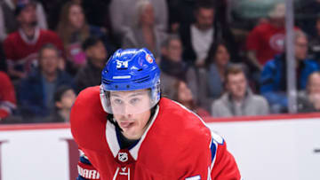 MONTREAL, QC - FEBRUARY 19: Montreal Canadiens left wing Charles Hudon (54) waits for play to begin during the first period of the NHL game between the Columbus Blue Jackets and the Montreal Canadiens on february 19, 2019, at the Bell Centre in Montreal, QC(Photo by Vincent Ethier/Icon Sportswire via Getty Images)