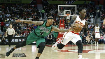 Apr 9, 2016; Atlanta, GA, USA; Boston Celtics guard Isaiah Thomas (4) knocks the ball away from Atlanta Hawks guard Dennis Schroder (17) in the first quarter of their game at Philips Arena. Mandatory Credit: Jason Getz-USA TODAY Sports