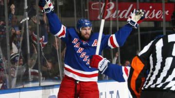 NEW YORK, NY - JANUARY 18: Rick Nash #61 of the New York Rangers reacts after scoring a goal in the third period against the Buffalo Sabres at Madison Square Garden on January 18, 2018 in New York City. (Photo by Jared Silber/NHLI via Getty Images)