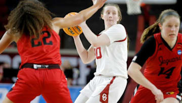 Oklahoma's Taylor Robertson (30) passes the ball during a women's basketball game between the University of Oklahoma Sooners (OU) and IUPUI in the first round of the NCAA Tournament at Lloyd Noble Center in Norman, Okla., Saturday, March 19, 2022. Oklahoma won 78-72.Women S Ncaa Tournament