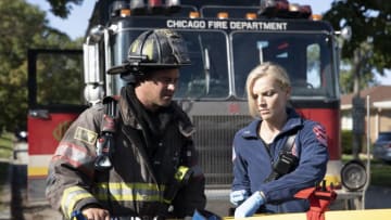 CHICAGO FIRE-- "What Went Wrong" Episode 806 -- Pictured: (l-r) Taylor Kinney as Lt. Kelly Severide, Kara Killmer as Sylvie Brett -- (Photo by: Adrian Burrows/NBC)