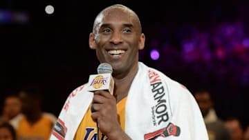 Apr 13, 2016; Los Angeles, CA, USA; Los Angeles Lakers forward Kobe Bryant (24) smiles as he addresses the crowd after the Lakers defeat of the Utah Jazz in the final game of his career at Staples Center. Mandatory Credit: Robert Hanashiro-USA TODAY Sports
