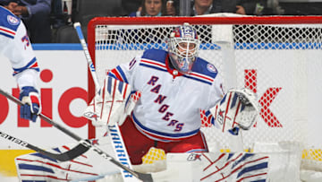 Igor Shesterkin #31 of the New York Rangers watches for an incoming shot against the Toronto Maple Leafs (Photo by Claus Andersen/Getty Images)