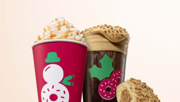 Toasted White Chocolate Signature Hot Latte and Cookie Butter Cold Brew with Cold Foam (rear); Holiday-themed, Branded Paper/Plastic CupsBacon Pancake Wake Up Wrap and Cookie Butter Donut, photo provided by Dunkin