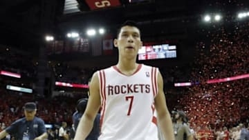 Apr 30, 2014; Houston, TX, USA; Houston Rockets guard Jeremy Lin (7) following the end of the game against the Portland Trail Blazers in game five of the first round of the 2014 NBA Playoffs at Toyota Center. Mandatory Credit: Andrew Richardson-USA TODAY Sports