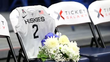 STORRS, CONNECTICUT - JANUARY 27: A jersey to honor Gianna Bryant sits on the UConn bench before the USA Women's National Team Winter Tour 2020 game between the United States and the UConn Huskies at The XL Center on January 27, 2020 in Hartford, Connecticut. Bryant and her father, former NBA player Kobe Bryant, were killed in a helicopter crash on January 26. (Photo by Maddie Meyer/Getty Images)