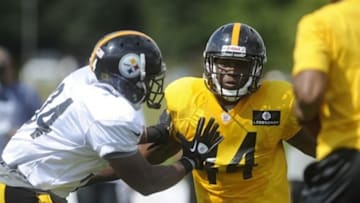 Jul 29, 2013; Latrobe, PA, USA; Pittsburgh Steelers running back LaRod Stephens-Howling (34) battles with Pittsburgh Steelers linebacker Vince Williams (44) during practice at St. Vincent College. Mandatory Credit: Vincent Pugliese-USA TODAY Sports