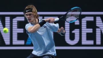 MILAN, ITALY - NOVEMBER 07: Andrey Rublev of Russia returns a forehand in his match against Gianluigi Quinzi of Italy during Day 1 of the Next Gen ATP Finals on November 7, 2017 in Milan, Italy. (Photo by Emilio Andreoli/Getty Images)