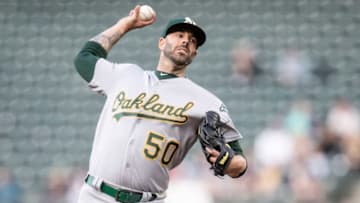 SEATTLE, WA - MAY 13: Starter Mike Fiers #50 of the Oakland Athletics delivers a pitch during the first inning of a game against the Seattle Mariners at T-Mobile Park on May 13, 2019 in Seattle, Washington. (Photo by Stephen Brashear/Getty Images)