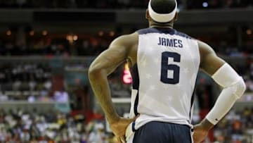 July 16, 2012; Washington, DC, USA; United States guard LeBron James (6) stands on the court against Brazil in the first half at Verizon Center. Team USA won 80-69. Mandatory Credit: Geoff Burke-USA TODAY Sports