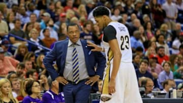 Nov 6, 2015; New Orleans, LA, USA; New Orleans Pelicans head coach Alvin Gentry talks with forward Anthony Davis (23) during the second half of a game against the Atlanta Hawks at the Smoothie King Center. The Hawks defeated the Pelicans 121-115. Mandatory Credit: Derick E. Hingle-USA TODAY Sports