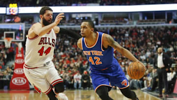 Jan 1, 2016; Chicago, IL, USA; New York Knicks forward Lance Thomas (42)drives to the basket against Chicago Bulls forward Nikola Mirotic (44) during the second half at United Center. The Bulls won 108-81. Mandatory Credit: Kamil Krzaczynski-USA TODAY Sports