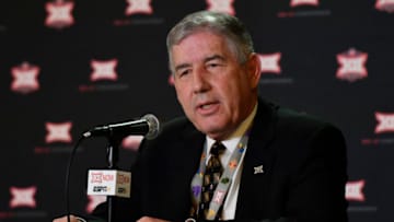 KANSAS CITY, MISSOURI - MARCH 11: Bob Bowlsby, the Big 12 Commissioner, talks to the media as he announces that fans will not be allowed to attend the Big 12 Basketball Tournament due to the coronavirus staring on Thursday at Sprint Center on March 11, 2020 in Kansas City, Missouri. Fans will be allowed to attend today's first round games. (Photo by Ed Zurga/Getty Images)