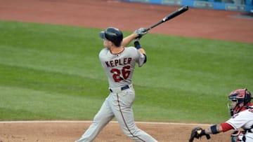 Aug 2, 2016; Cleveland, OH, USA; Minnesota Twins right fielder Max Kepler (26) hits a home run during the third inning against the Cleveland Indians at Progressive Field. Mandatory Credit: Ken Blaze-USA TODAY Sports