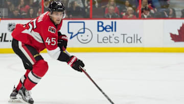 Jan 26, 2016; Ottawa, Ontario, CAN; Ottawa Senators defenseman Chris Wideman (45) skates with the puck in the first period against the Buffalo Sabres at the Canadian Tire Centre. Mandatory Credit: Marc DesRosiers-USA TODAY Sports
