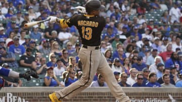 Manny Machado #13 of the San Diego Padres blasts his 1500th career hit during the first inning of a game against the Chicago Cubs at Wrigley Field on June 15, 2022 in Chicago, Illinois. (Photo by Nuccio DiNuzzo/Getty Images)