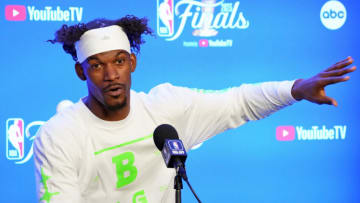 May 31, 2023; Denver, CO, USA; Miami Heat forward Jimmy Butler (22) talks to the media on media day before the 2023 NBA Finals at Ball Arena. Mandatory Credit: Kyle Terada-USA TODAY Sports