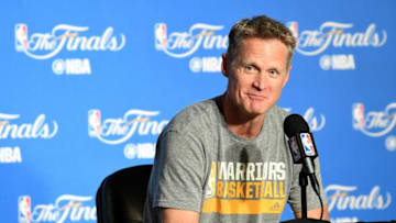 OAKLAND, CA - JUNE 04: Steve Kerr of the Golden State Warriors speaks at a press conference prior to Game 2 of the 2017 NBA Finals at ORACLE Arena on June 4, 2017 in Oakland, California. NOTE TO USER: User expressly acknowledges and agrees that, by downloading and or using this photograph, User is consenting to the terms and conditions of the Getty Images License Agreement. (Photo by Thearon W. Henderson/Getty Images)