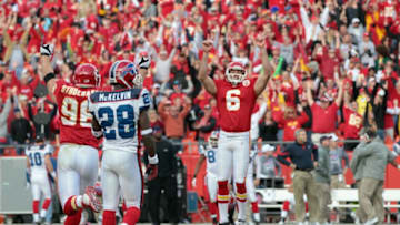 KANSAS CITY, MO - OCTOBER 31: Kicker Ryan Succop #6 of the Kansas City Chiefs celebrates after making a filed goal in overtime to win the game against the Buffalo Bills on October 31, 2010 at Arrowhead Stadium in Kansas City, Missouri. (Photo by Jamie Squire/Getty Images)