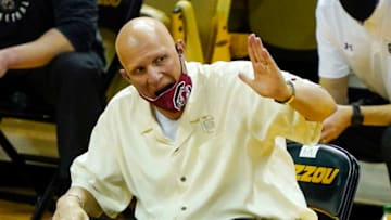 Jan 19, 2021; Columbia, Missouri, USA; South Carolina Gamecocks head coach Frank Martin reacts after a play against the Missouri Tigers during the first half at Mizzou Arena. Mandatory Credit: Jay Biggerstaff-USA TODAY Sports