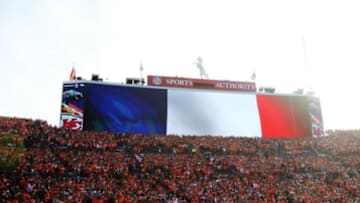 Nov 15, 2015; Denver, CO, USA; A general view as the scoreboard displays an image of the flag of France during a moment of silence for the November 13th terror attacks in Paris before the game between the Denver Broncos and the Kansas City Chiefs at Sports Authority Field at Mile High. The Chiefs won 29-13. Mandatory Credit: Chris Humphreys-USA TODAY Sports